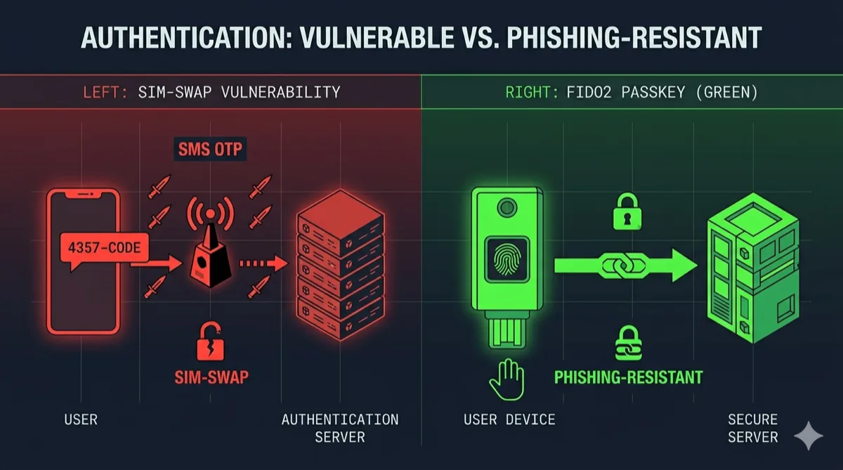 SMS vs FIDO2 passkey — vulnerable vs protected 2FA methods